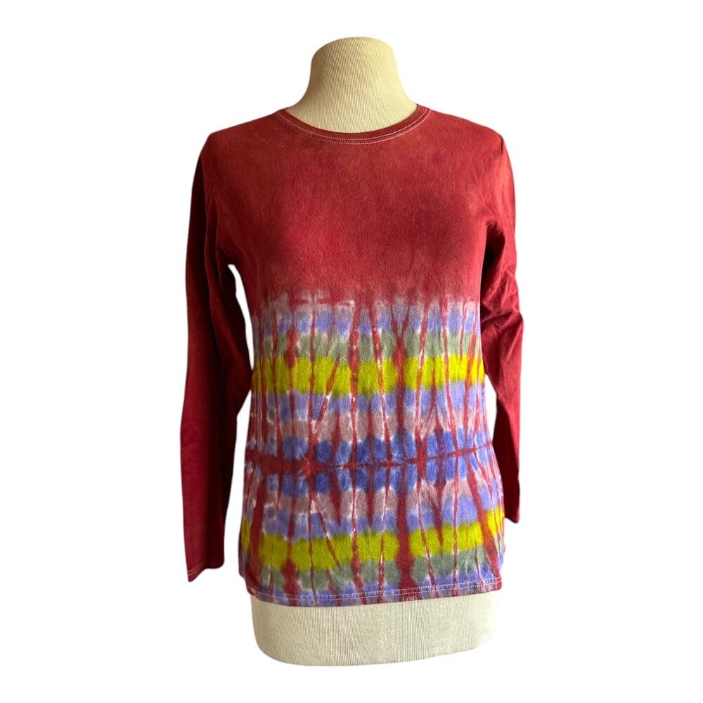 Womens Long Sleeve Shirt Size Medium Handmade Tie Dye Red Purple Cotton NEW
